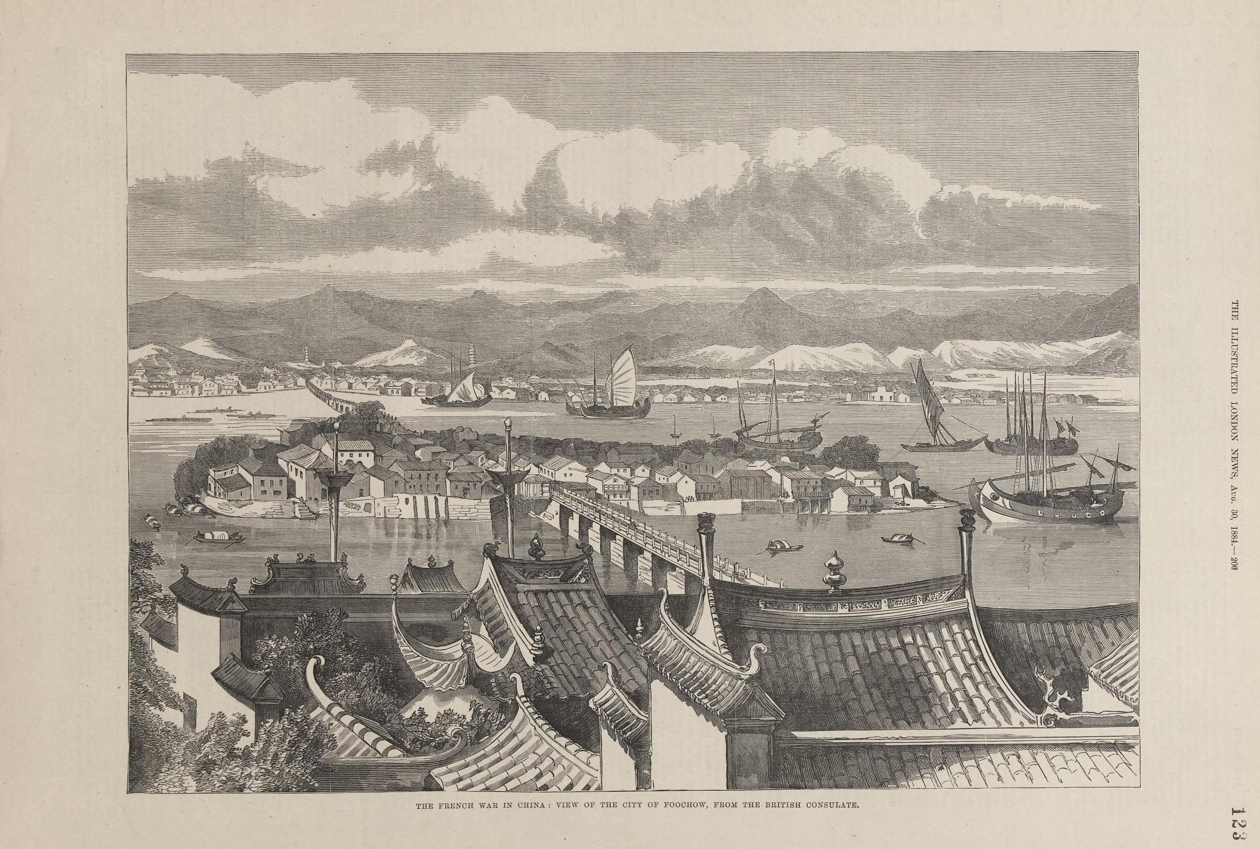 Figure 5. Engraving published on Illustrated London News (1884), titled The French war in China: view of the city of Foochow, from the British Consulate. The stone bridge across the river is Wanshou Qiao, while the pagoda at far on the left is Black Pagoda located at the eastern foot of Dao Shan (or Wu Shan).